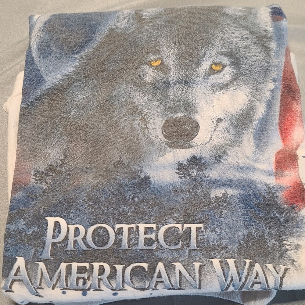 Ink Inc. Wolf Graphic T-Shirt Mens XL White Protect The American Way USA Flag